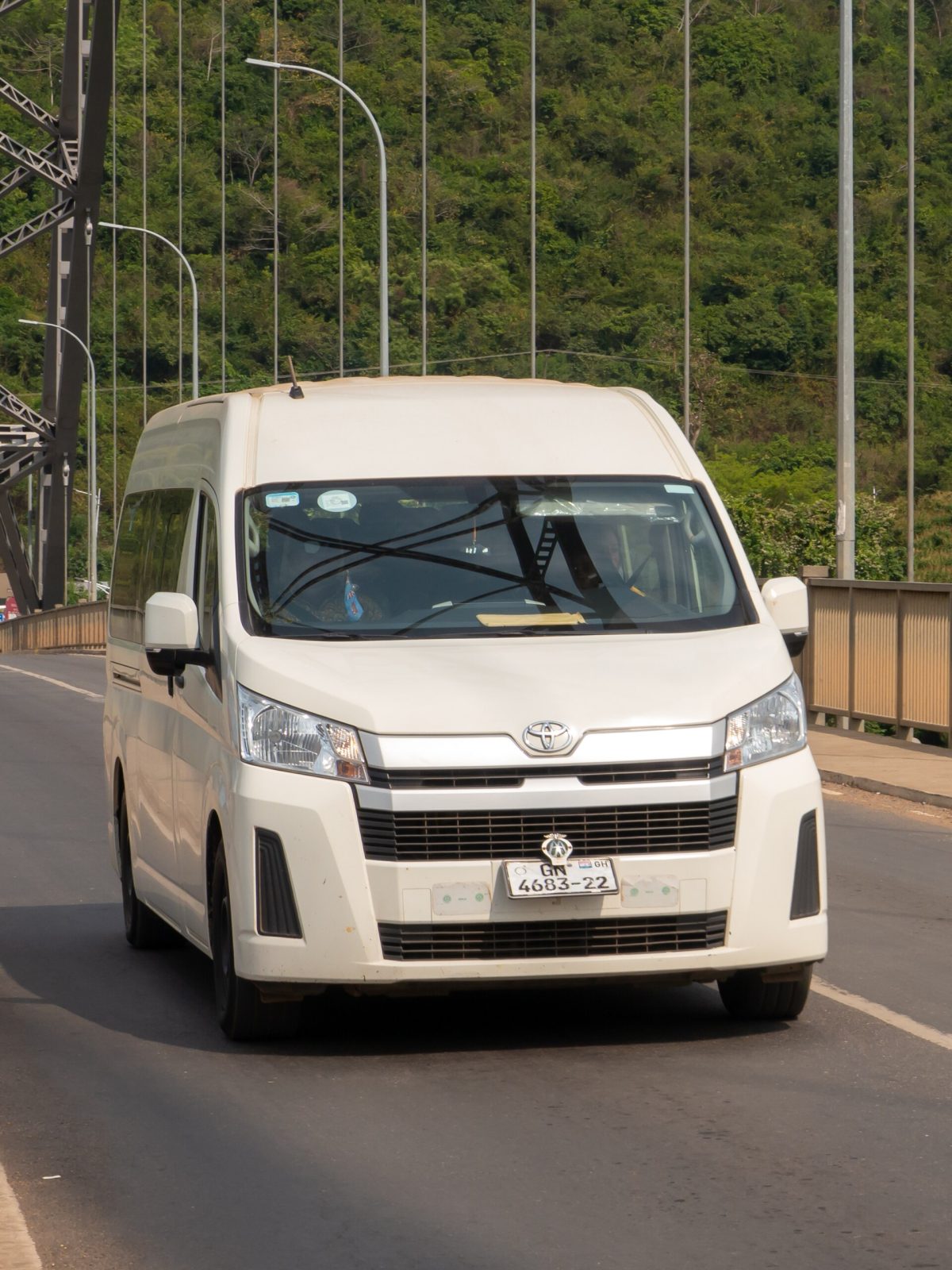 Example of a minibus: a Toyota HiAce on the Adomi Bridge