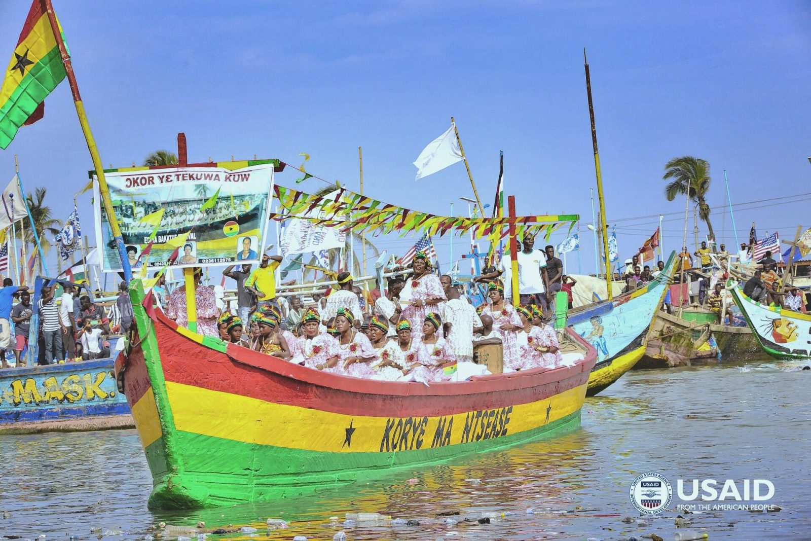 Decorated canoes at the Bakatue festival in Elmina