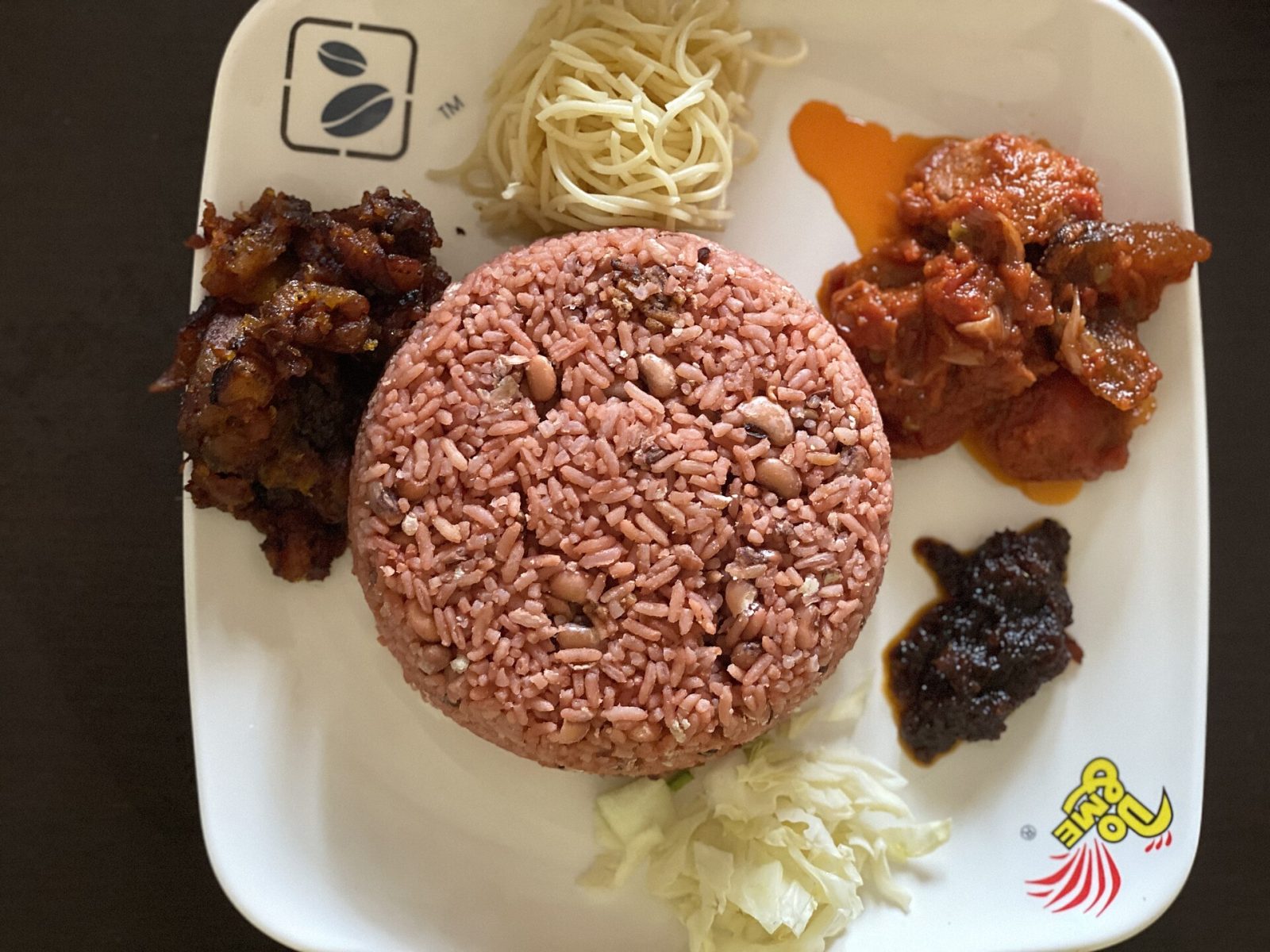 Waakye with kelewele, spaghetti, salad, stew and shito